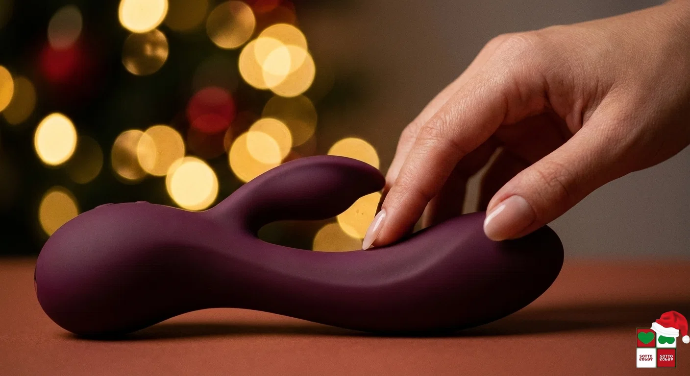 Mano elegante che scarta un regalo intimo di Natale in atmosfera calda e festiva